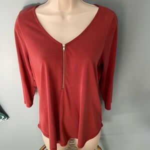 Green Envelope Red 3/4 sleeve Zip-Front Blouse